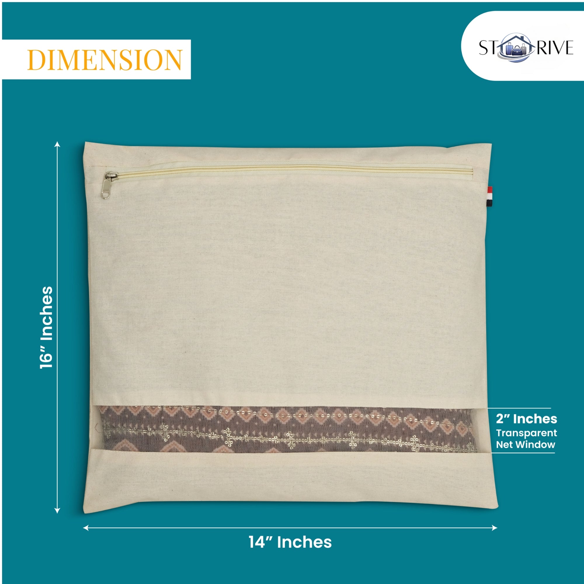 Cotton Saree Bags With Zipper For Storage | Large Size Single (16 X 14 Inches), Ideal For Clothes And Wardrobe Organization With Transparent Mesh Window, Off White