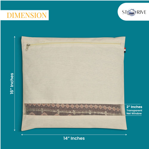 Cotton Saree Bags With Zipper For Storage | Large Size Single (16 X 14 Inches), Ideal For Clothes And Wardrobe Organization With Transparent Mesh Window, Off White