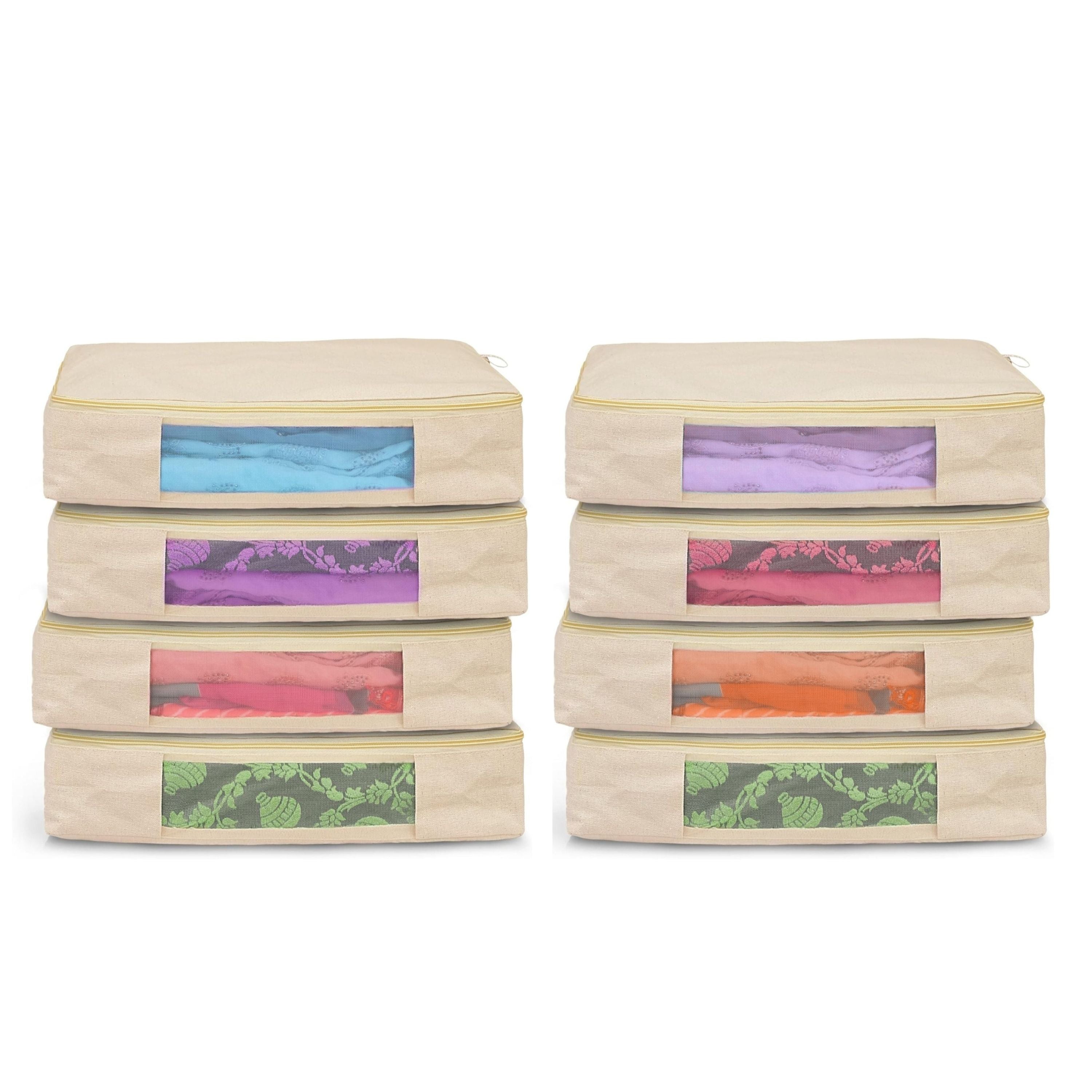 Cotton Canvas Clothes Storage Bags/Saree Covers with Zip for Storage Specially Design for Woman Dresses, Sarees, Lehengas for Wardrobe Organizer (16 x 13 x 3 Inch)