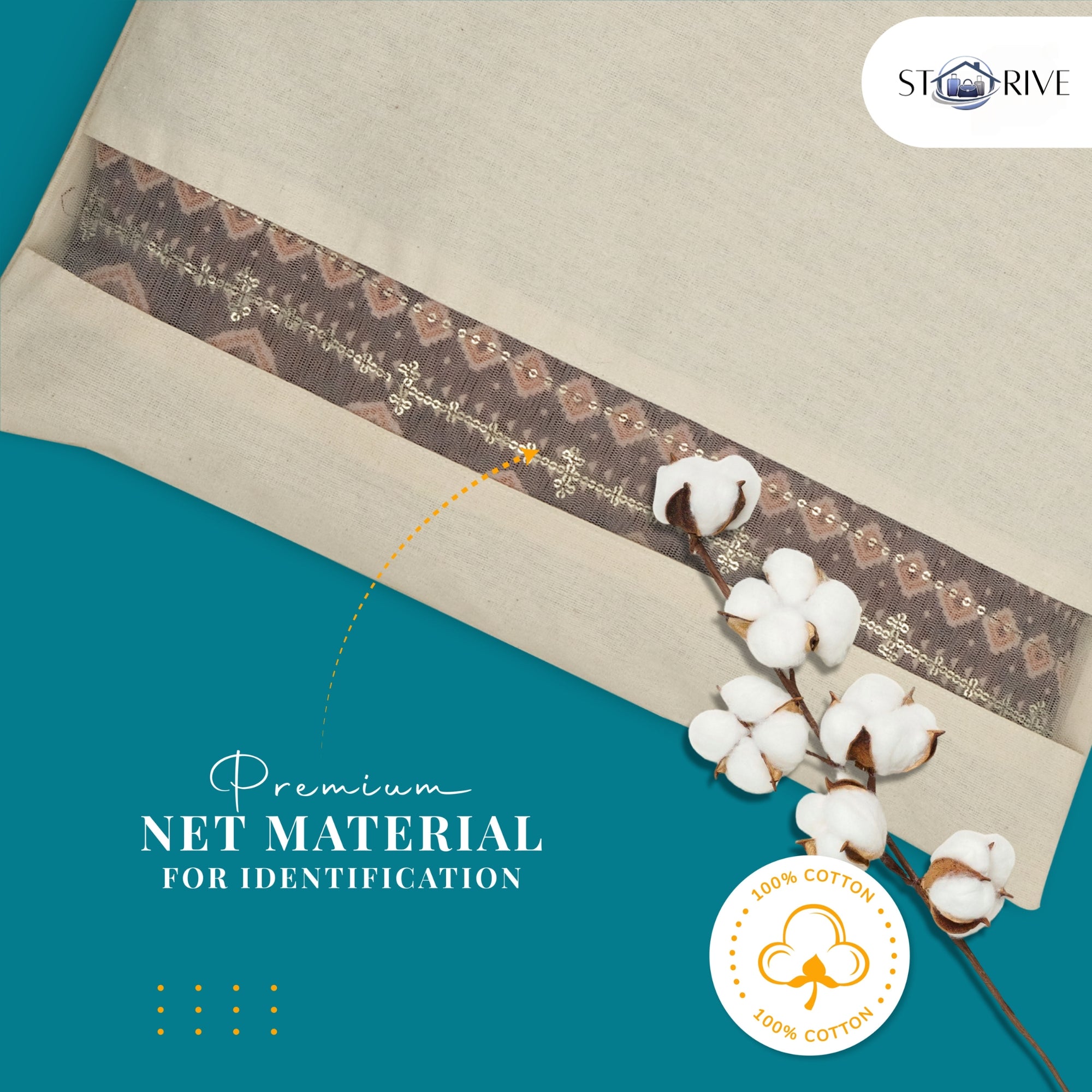 Cotton Saree Bags With Zipper For Storage | Large Size Single (16 X 14 Inches), Ideal For Clothes And Wardrobe Organization With Transparent Mesh Window, Off White