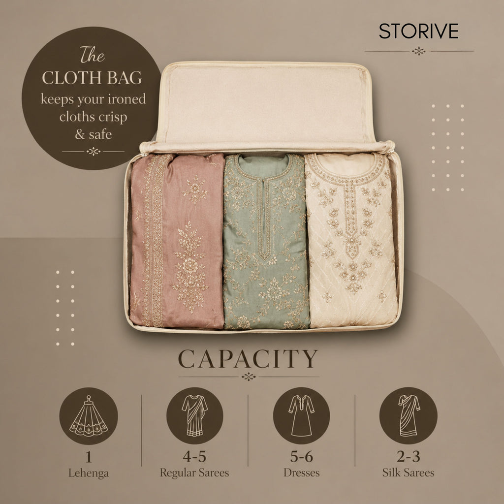 Cotton Canvas Clothes Storage Bags/Saree Covers with Zip for Storage Specially Design for Woman Dresses, Sarees, Lehengas for Wardrobe Organizer (17 x 14 x 7 Inch)