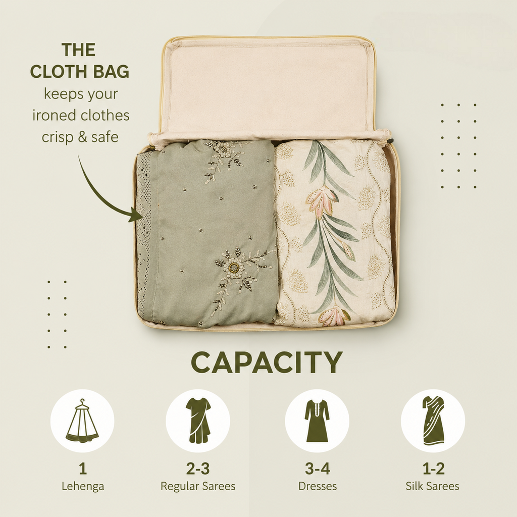 Cotton Canvas Clothes Storage Bags/Saree Covers with Zip for Storage Specially Design for Woman Dresses, Sarees, Lehengas for Wardrobe Organizer (16 x 13 x 3 Inch)