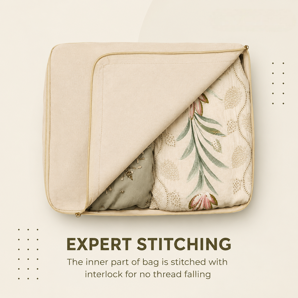 Cotton Canvas Clothes Storage Bags/Saree Covers with Zip for Storage Specially Design for Woman Dresses, Sarees, Lehengas for Wardrobe Organizer (16 x 13 x 3 Inch)