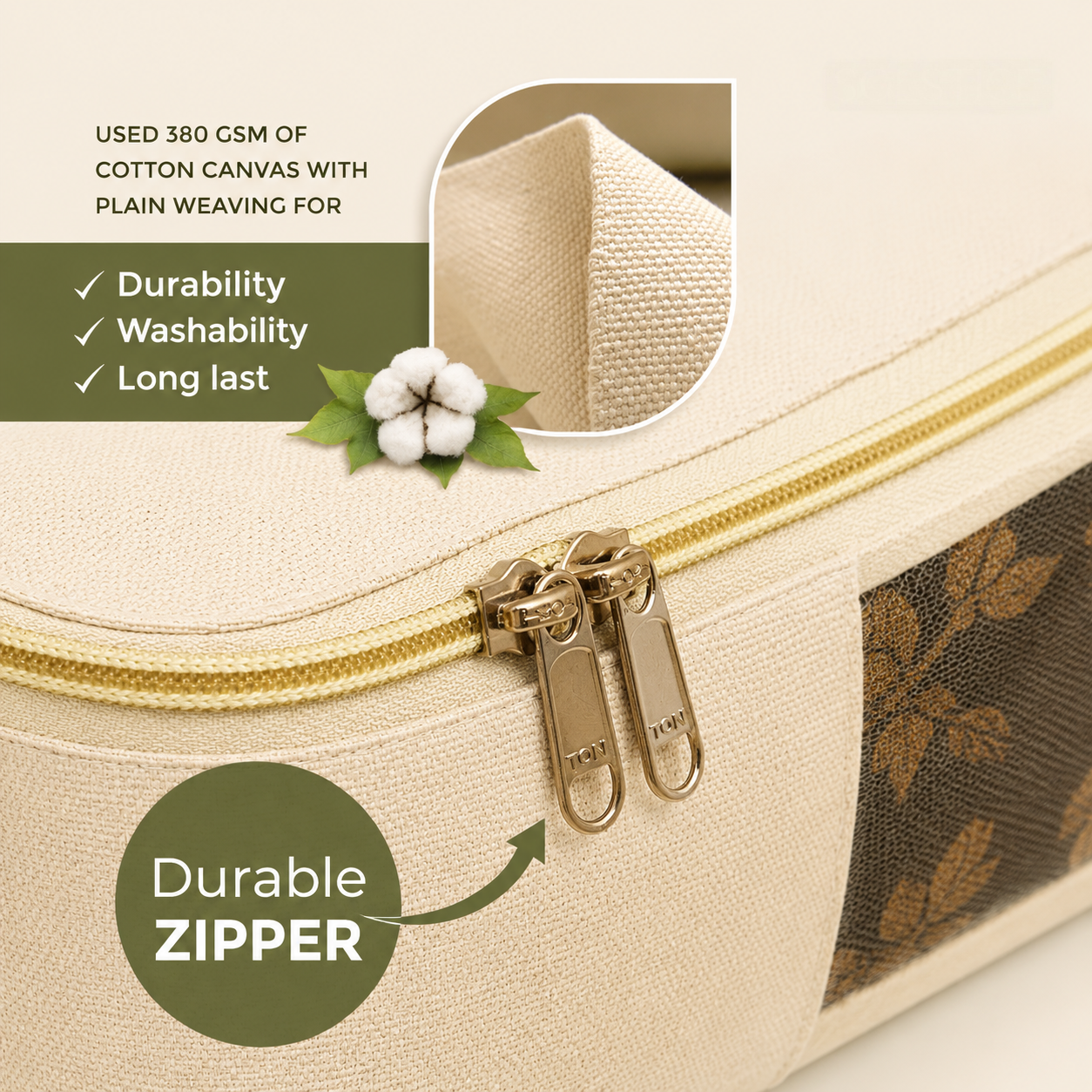 Cotton Canvas Clothes Storage Bags/Saree Covers with Zip for Storage Specially Design for Woman Dresses, Sarees, Lehengas for Wardrobe Organizer (16 x 13 x 3 Inch)