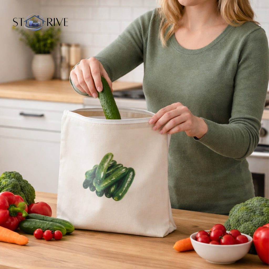 Pack of 10 Cotton Reusable Vegetable Bags for Fridge (12 x 12 Inches) | Eco-Friendly Storage Bags | Washable Breathable Cloth Bags for Vegetables | Plastic-Free Kitchen Organizer