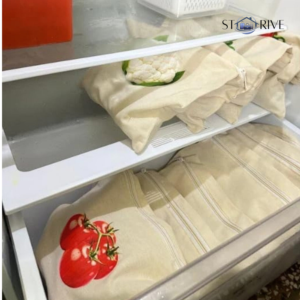 Pack of 10 Cotton Reusable Vegetable Bags for Fridge (12 x 12 Inches) | Eco-Friendly Storage Bags | Washable Breathable Cloth Bags for Vegetables | Plastic-Free Kitchen Organizer