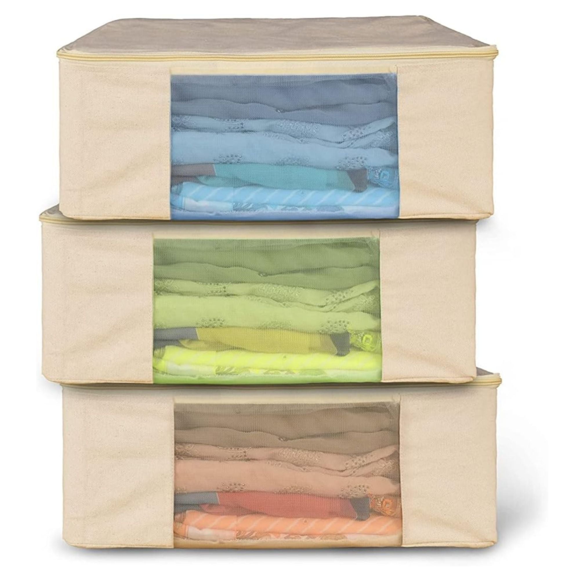 Cotton Canvas Clothes Storage Bags/Saree Covers with Zip for Storage Specially Design for Woman Dresses, Sarees, Lehengas for Wardrobe Organizer (17 x 14 x 7 Inch)