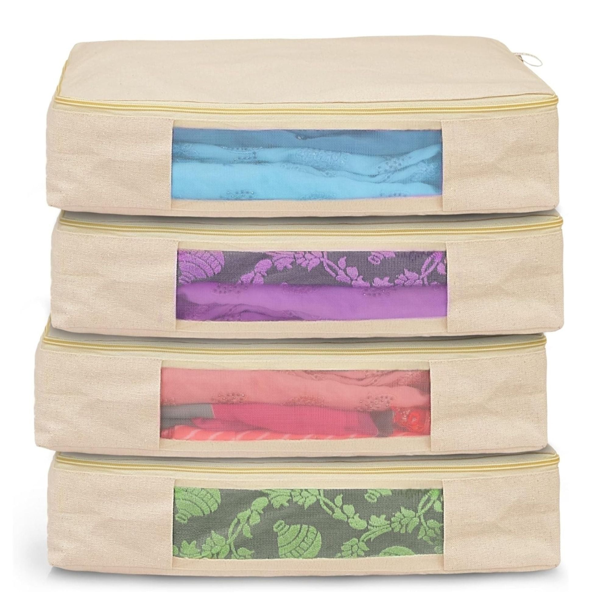 Cotton Canvas Clothes Storage Bags/Saree Covers with Zip for Storage Specially Design for Woman Dresses, Sarees, Lehengas for Wardrobe Organizer (16 x 13 x 3 Inch)
